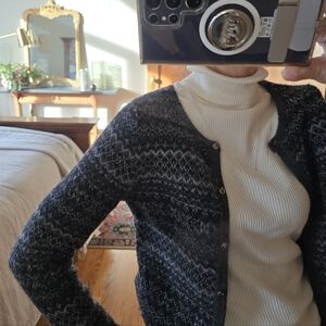 Eddie Bauer Fair Isle Charcoal & Light Grey Wool Cardigan | SP